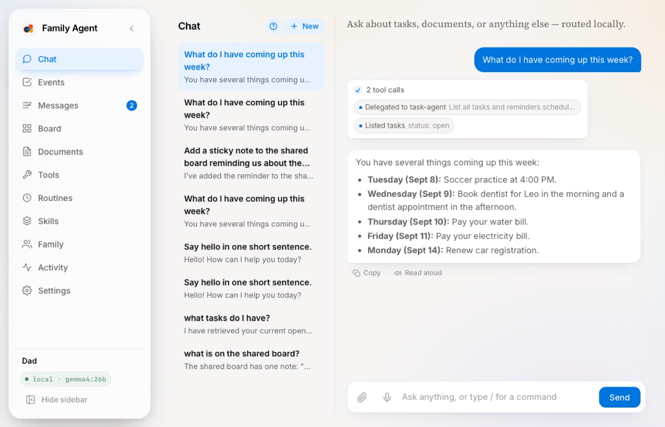 The macOS app: sidebar, chat history, and an assistant reply listing the week's events with the tool calls that produced it