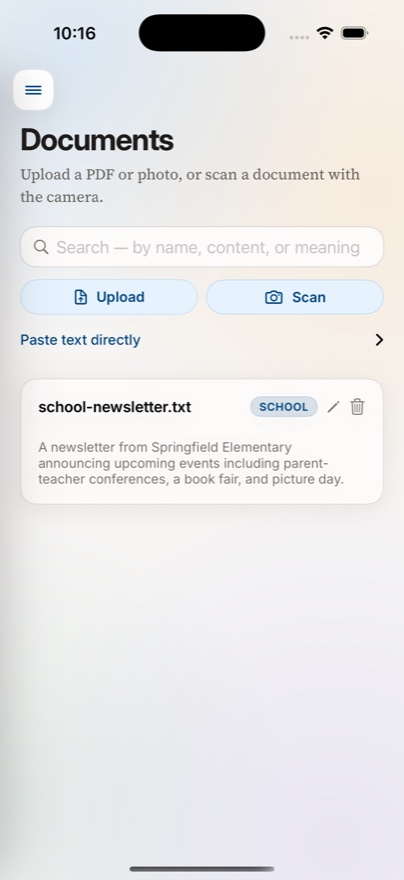 The documents screen with a search field and a filed document