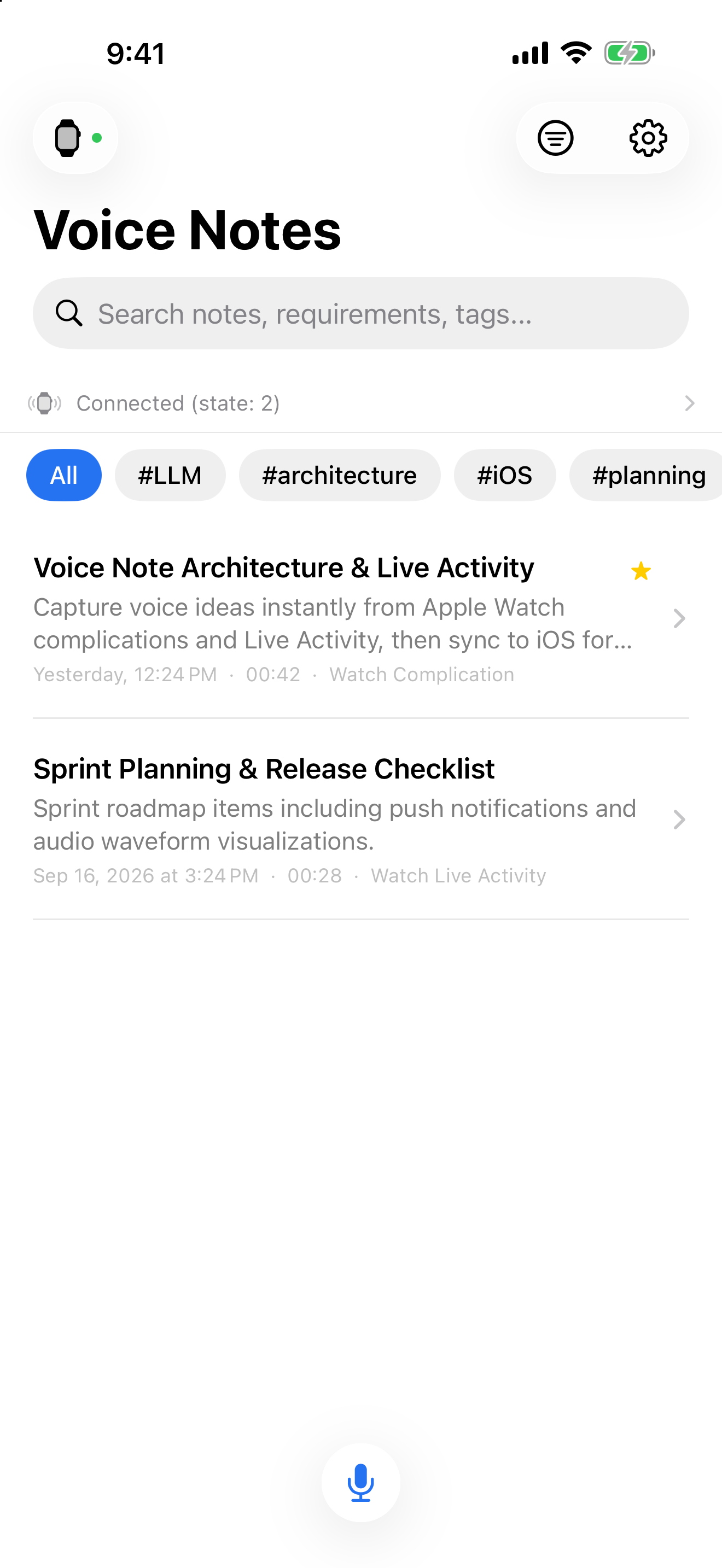 Voxbrief Notes List with Tag Filtering